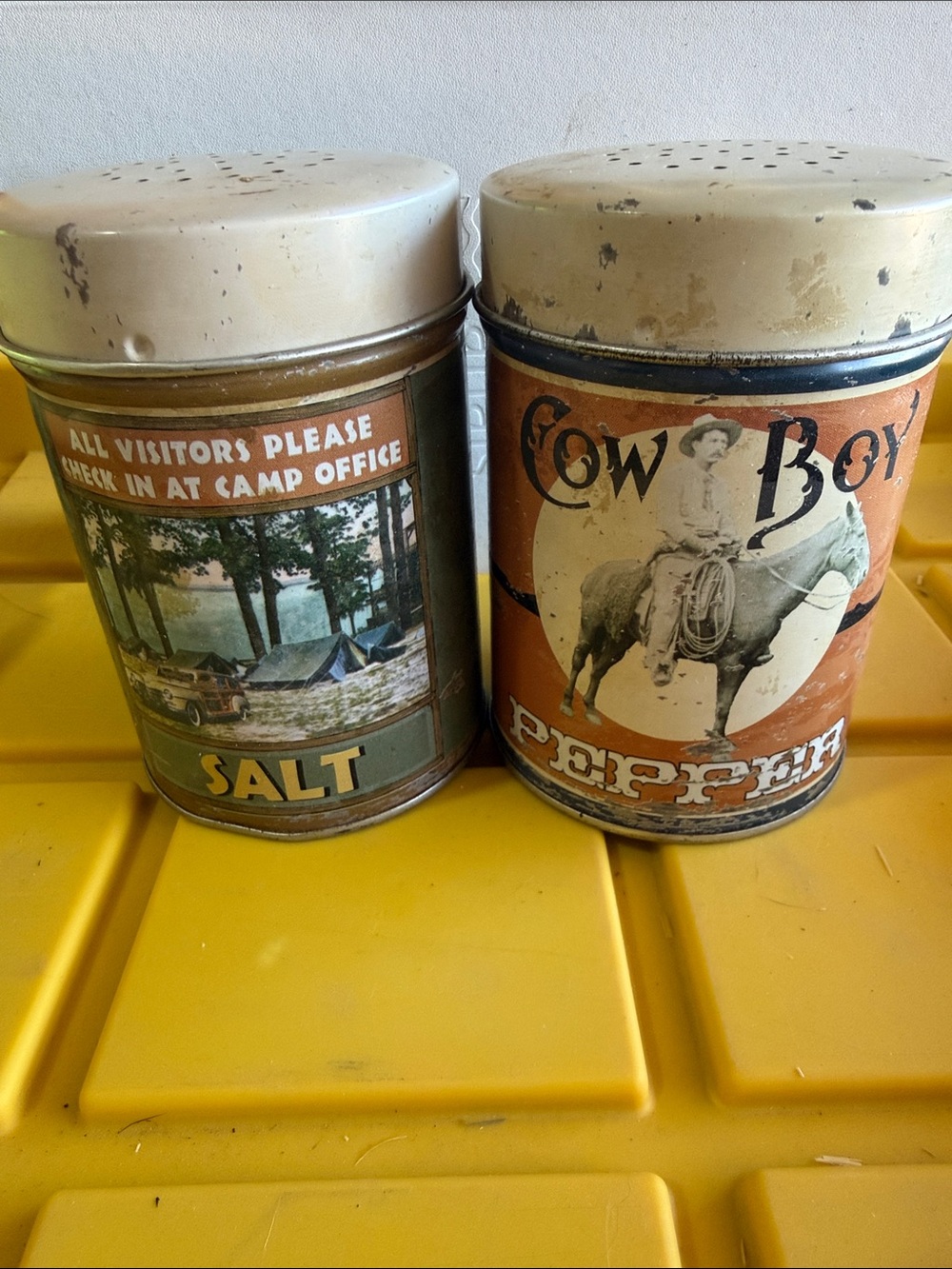 Vintage Camp Salt & Cowboy Pepper Tin Set - Beige, Green, Orange